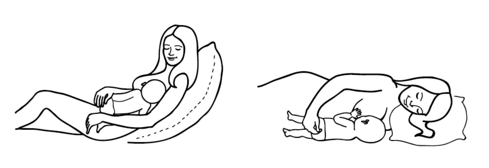 First position shows you supported by a pillow and baby breastfeeding while supported in by your arm. The second position shows you lying on your side, with your head supported by a pillow. Baby is lying down next to you on their side, while breastfeeding.