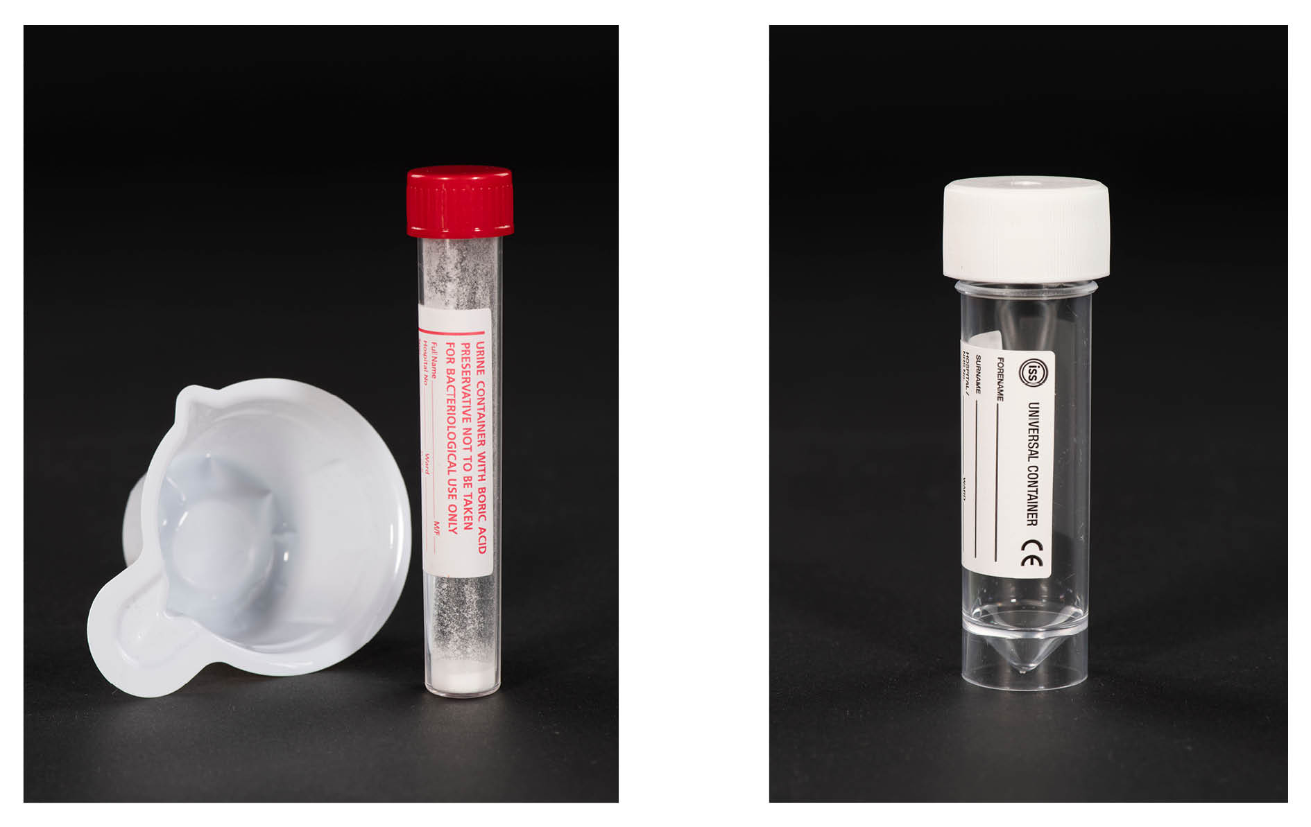 Photo of a white top and a red top sample container