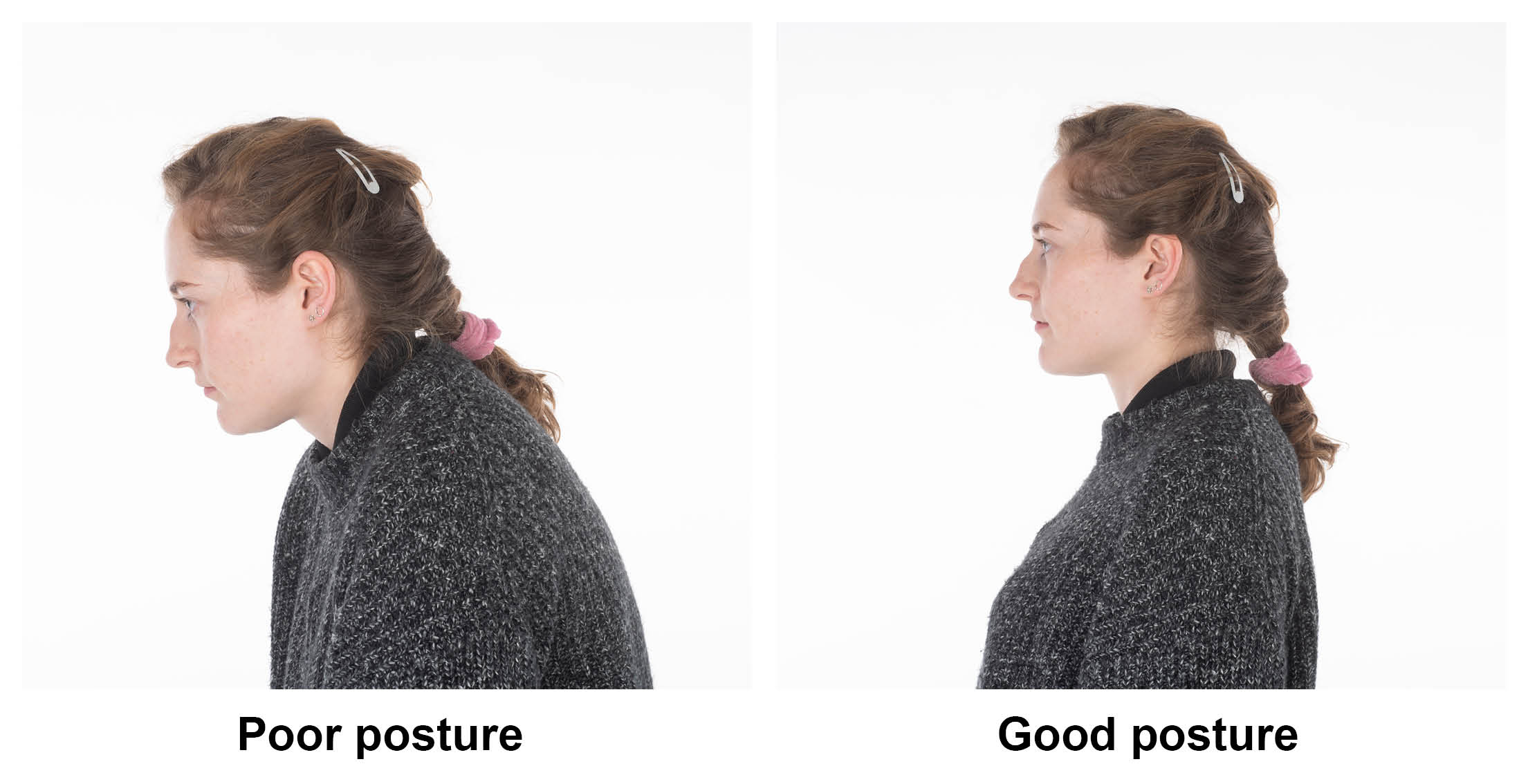 Photos showing someone with hunched shoulders leaning forward (bad posture), and someone with their shoulders pulled back and head straight (good posture).