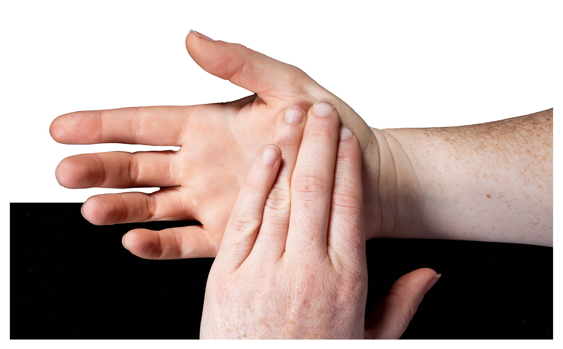 Hold your hand and forearm palm up. Using your other hand, stretch your affected thumb out to the side, away from your palm, pulling from the base of the thumb.