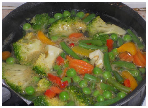 Photo of various vegetables boiling in a saucepan