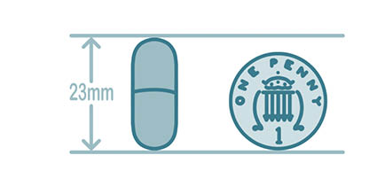 Diagram comparing the size of the capsule to a one penny piece; the capsule measures 23mm, which is slightly larger than the 1p.