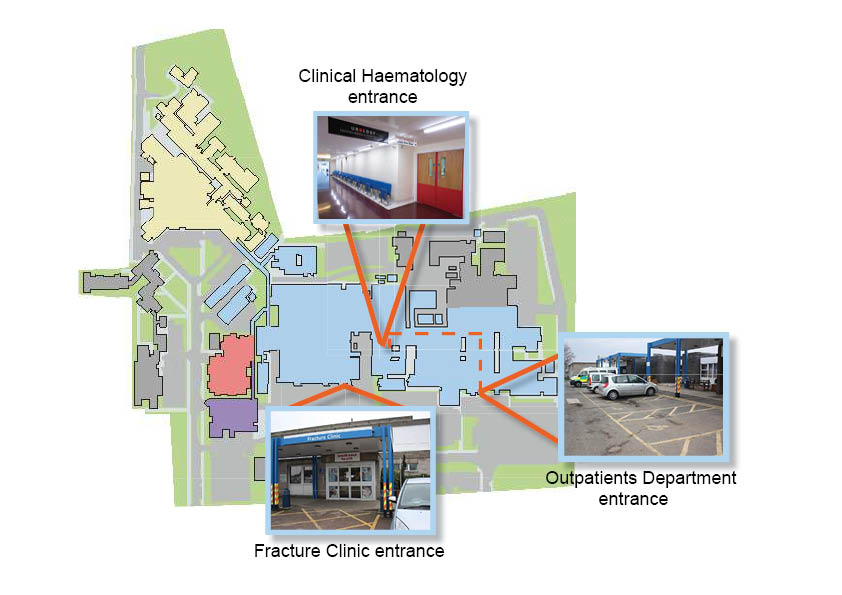 Map showing the entrance to the Clinical Haematology Department, via the Fracture Clinic and Outpatients Department at Kent and Canterbury Hospital