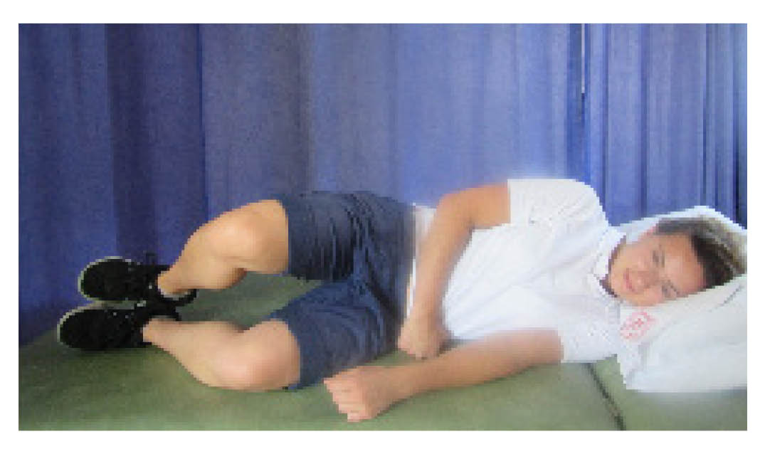 Tighten your buttocks. Lift your top knee as far as you can, without letting your pelvis rotate forward or back