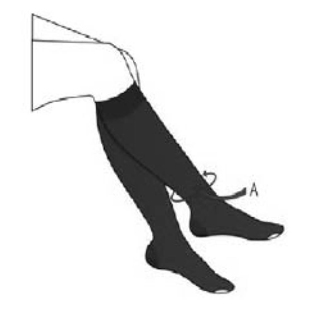 Wearing anti-embolism stockings, with a measuring tape around the ankle