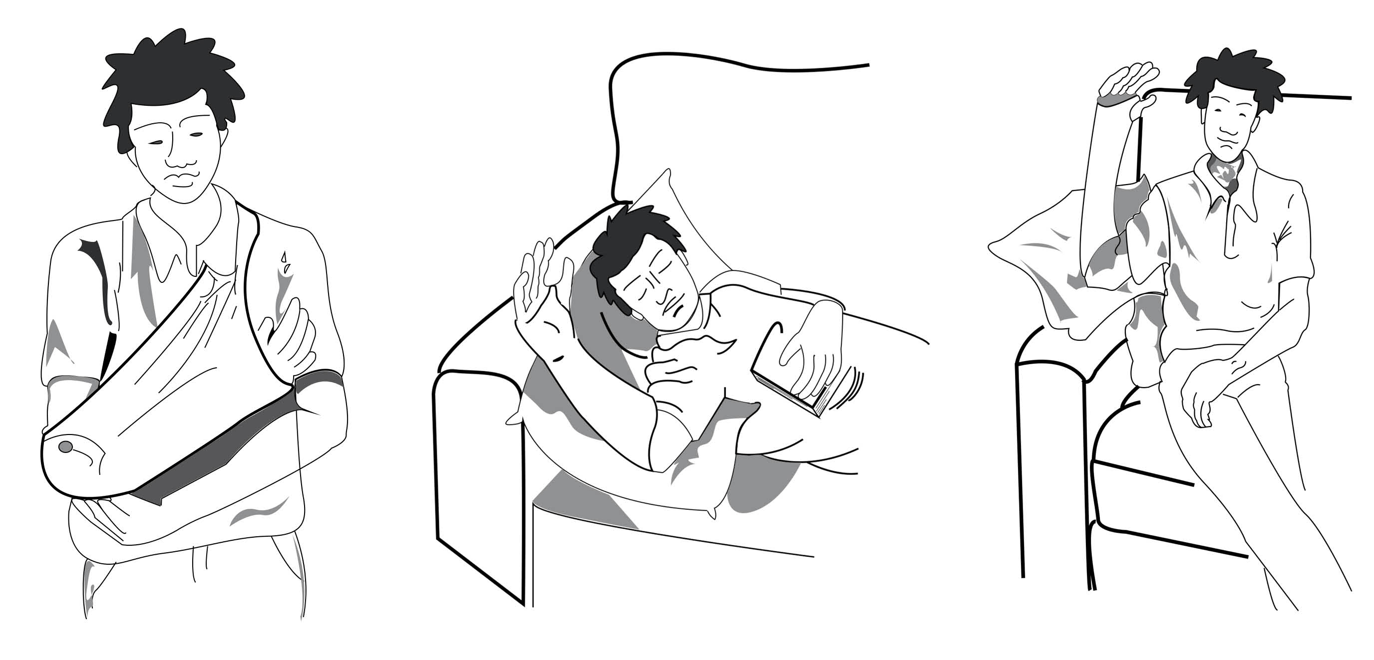 Example 1: standing with hand / arm in sling. Example 2: laying down on a pillow on the sofa, with the arm resting on the pillow and hand above your head. Example 3: sitting on a sofa with a cushion resting on the sofa arm, and the elbow resting on the cushion and the hand facing upwards.