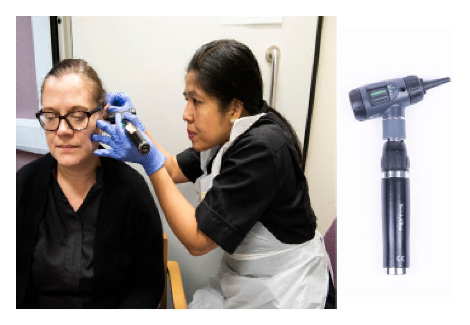 Patient having their ear examined with an otoscope in the Audiology Department