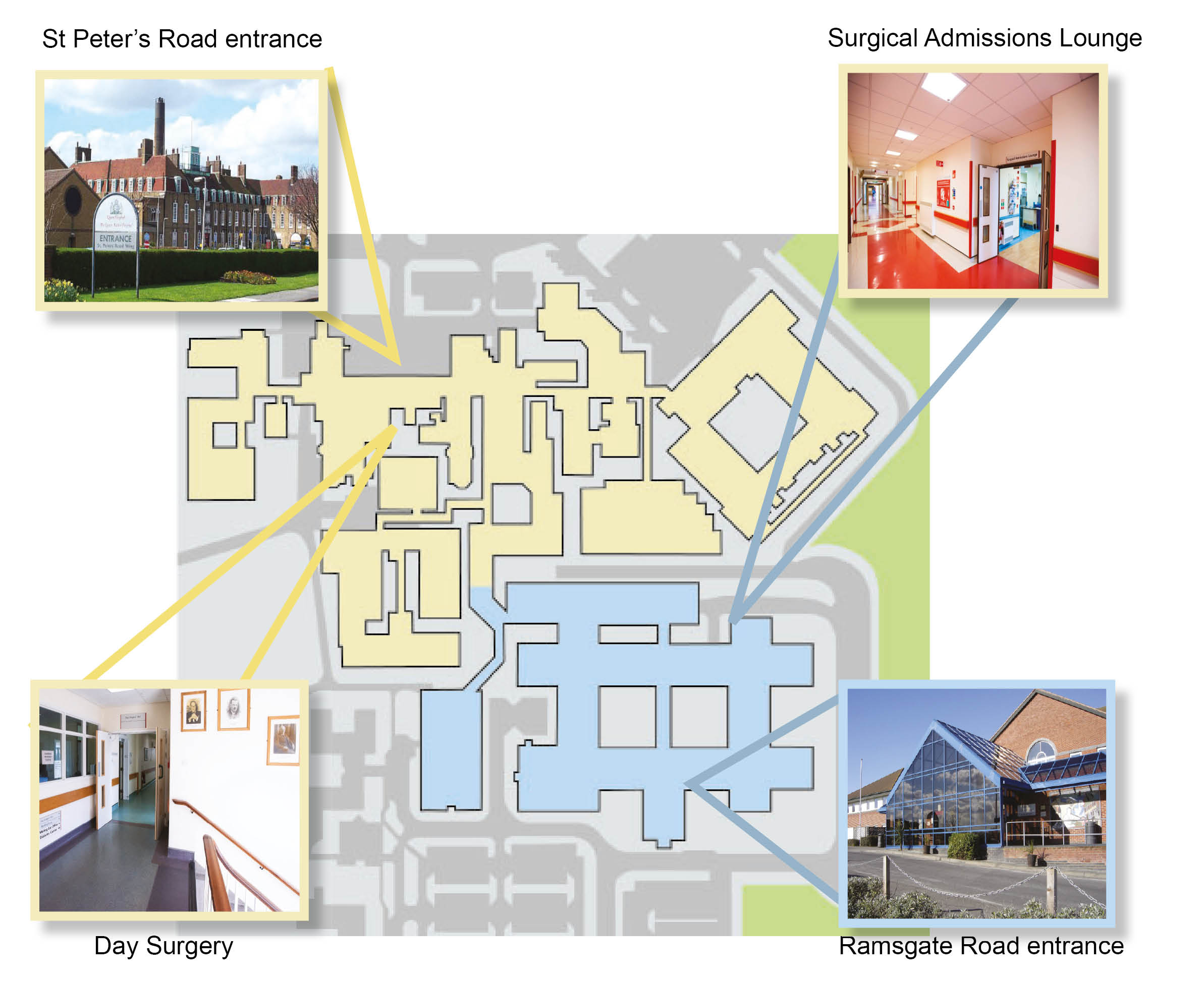 Map showing entrances to the Surgical Admissions Lounge and Day Surgery