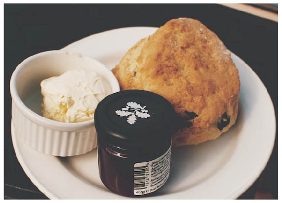 Photo of a scone, jam, and cream on a plate
