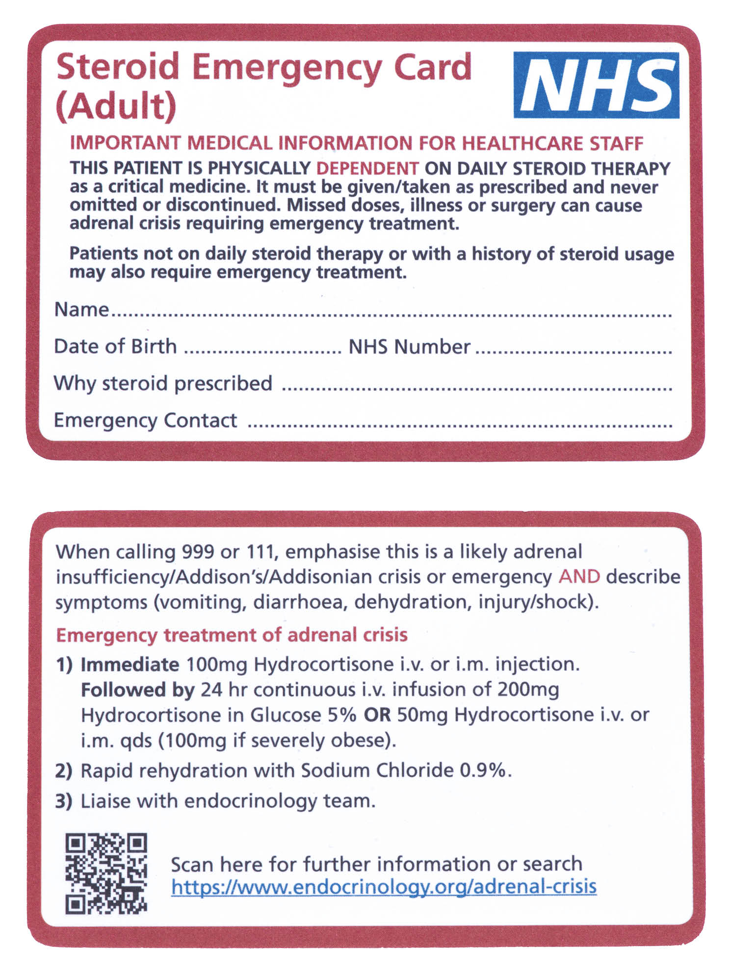 The back and front of an adult's steroid emergency card