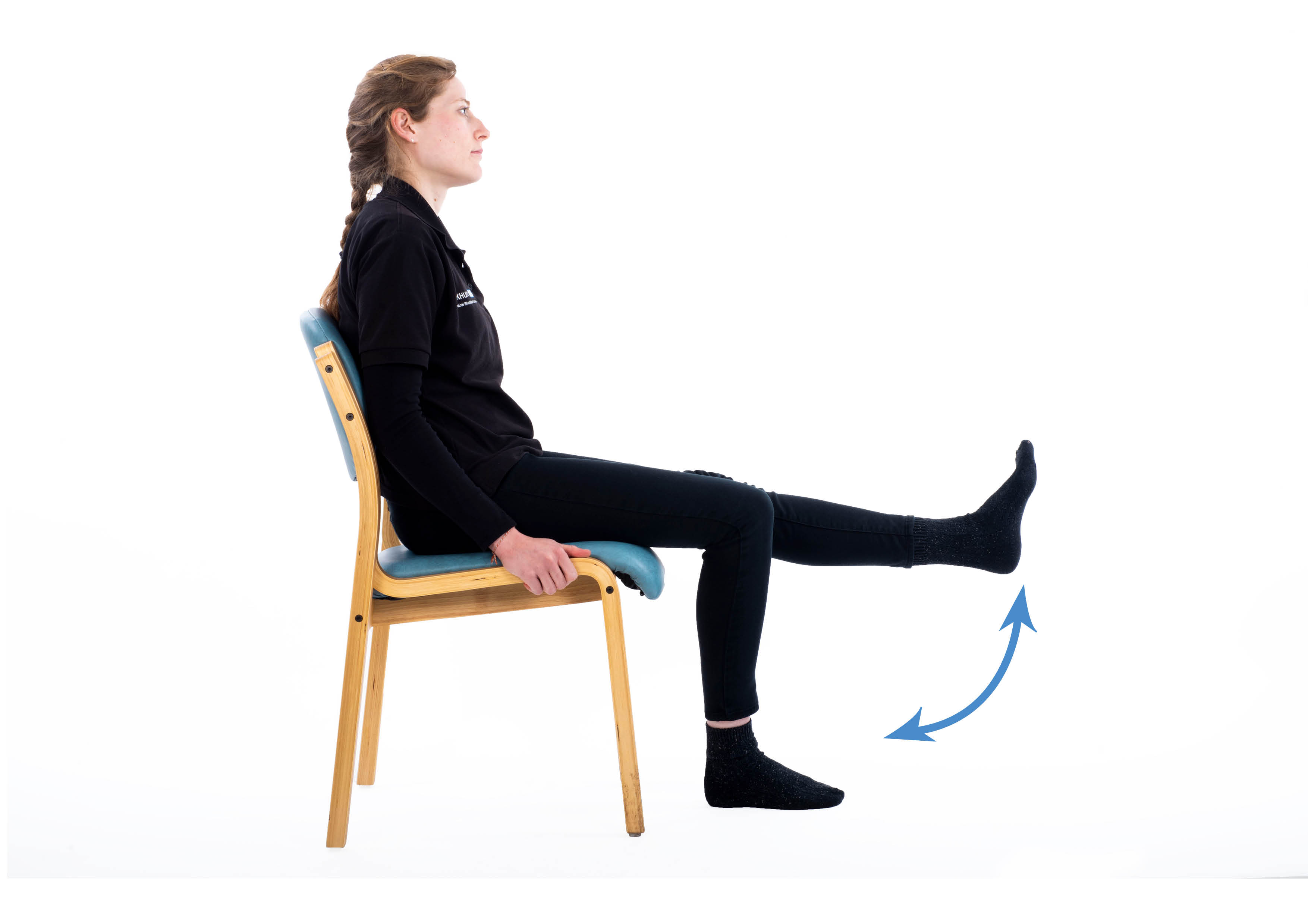 Knee flexion and extension exercise; slowly lift your foot off the floor, and straighten your knee. Hold for 3 seconds and lower your leg slowly.
