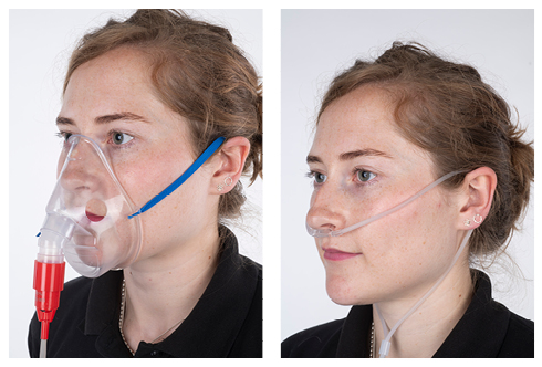 On left, patient wearing a face mask; on the right, patient wearing nasal prongs