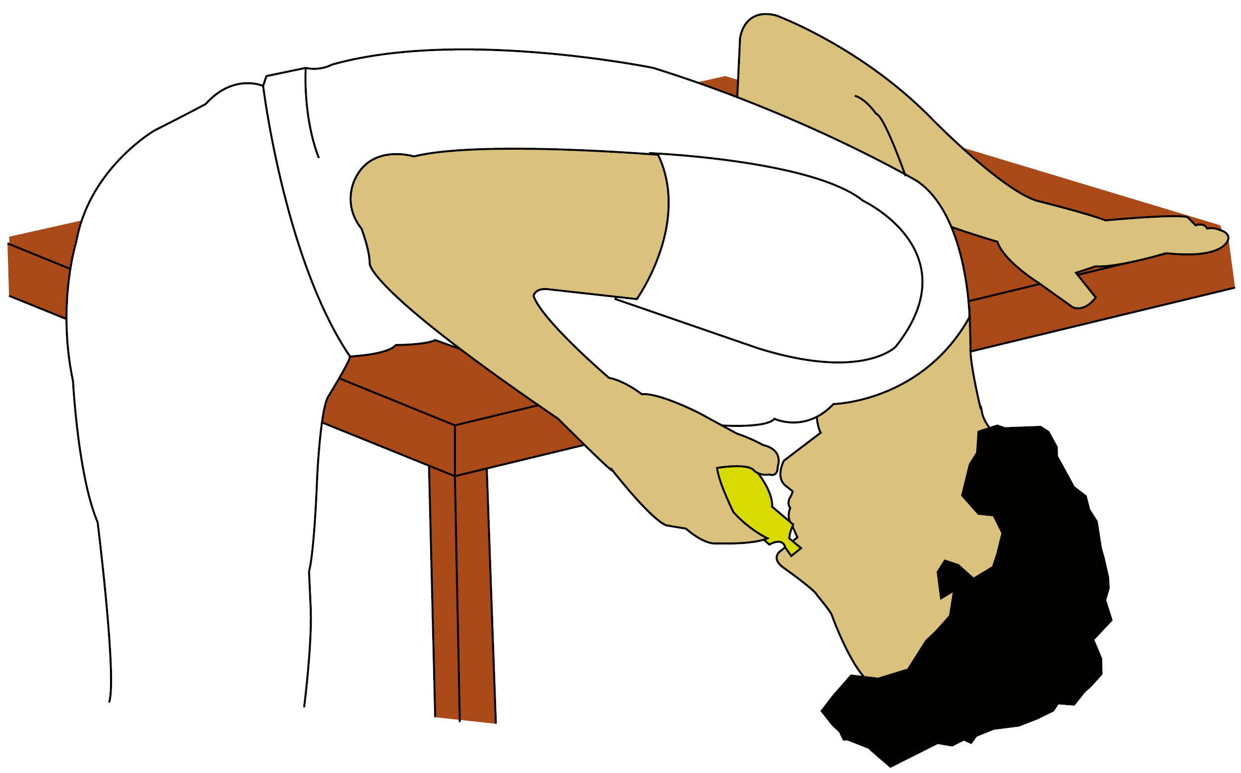 Holding on to a table, lean forward and apply the nose drops.