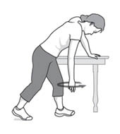 Lean forward, resting your good arm on a flat surface such as a table. Hang your bad arm down like a pendulum. Circle your bad arm 10 times one way and then 10 times the other way.