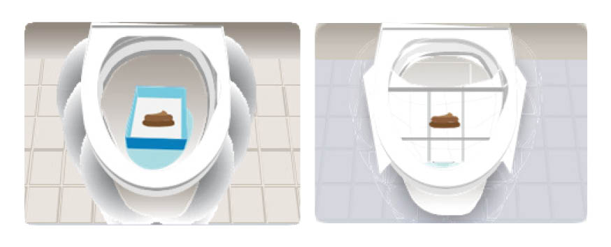 Diagram of stool (poo) sample in container (left) or on paper (right).