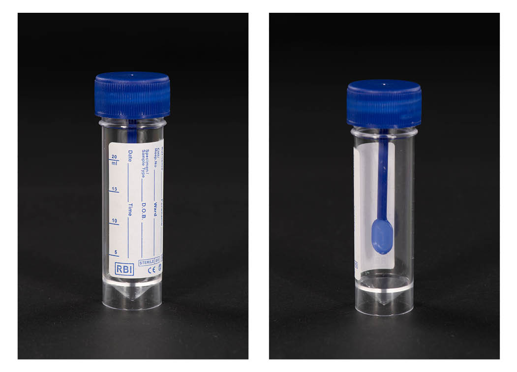 Sterile blue container with label on the front for you to complete. Spoon built into the lid of the container.